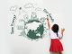 A little girl drawing a creative of the Earth on a wall